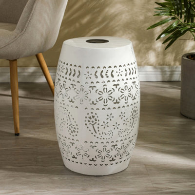 Table d'appoint solaire avec batterie solaire intégrée, superbe motif de fleurs la nuit, mobilier d'extérieur écologique et écoénergétique idéal pour les patios, les jardins et les cours arrière (blanc)