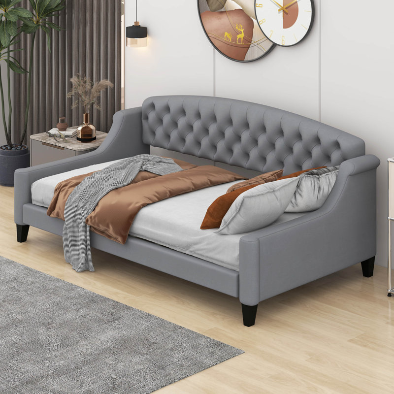 Horskins Twin Modern Luxury Tufted Button Daybed, Gray