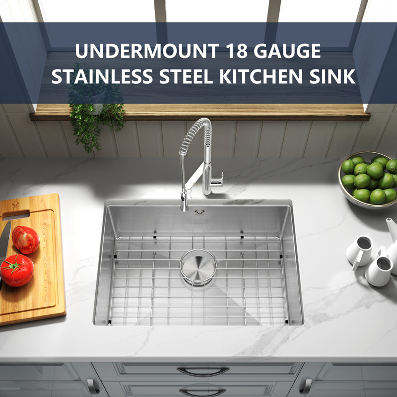 Undermount Single Bowl Stainless Steel Kitchen Sink, Stainless Steel, 23" L x 18" W x 9" D