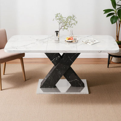 Table de salle à manger rectangulaire moderne 47,24 "à 62,99", plateau de table en marbre blanc extensible + pied de table en MDF noir avec base en métal