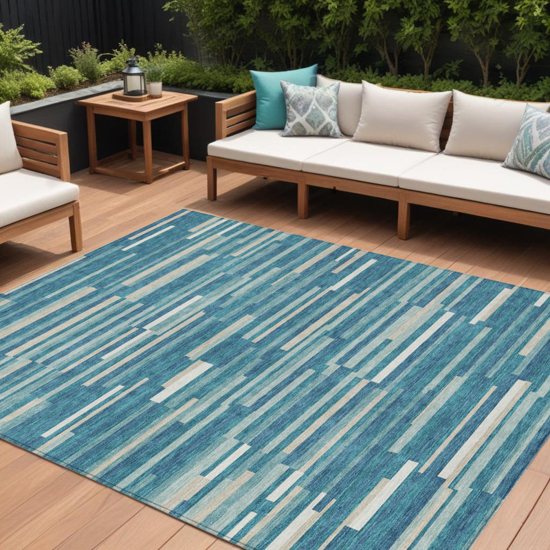 10' X 14' Teal Blue And Ivory Striped Washable Indoor Outdoor Area Rug