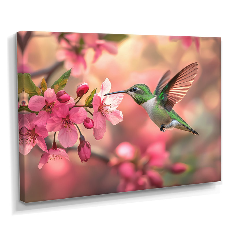 Colibri et fleurs - oiseau, art mural, H 30 po x l 40 po, Toile tendue, Ne s’applique pas