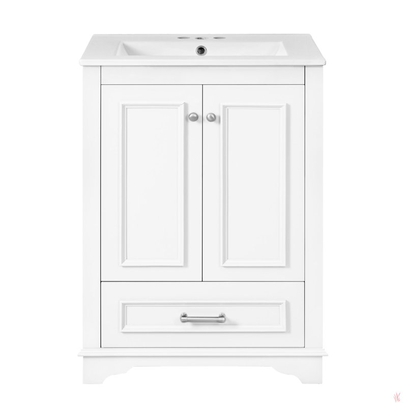 Meuble-lavabo 24 po avec lavabo en céramique, armoire de rangement autoportante moderne avec poignées argentées, portes à fermeture douce