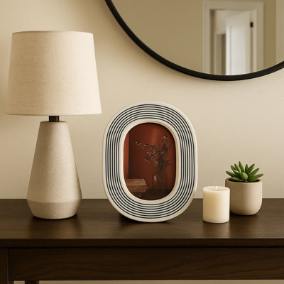 Artistic Striped Photo Frame - Oval Decorative Frame For Wall Decor Accent - Decorative Frame For Gallery Walls Or Entryway - Black & White