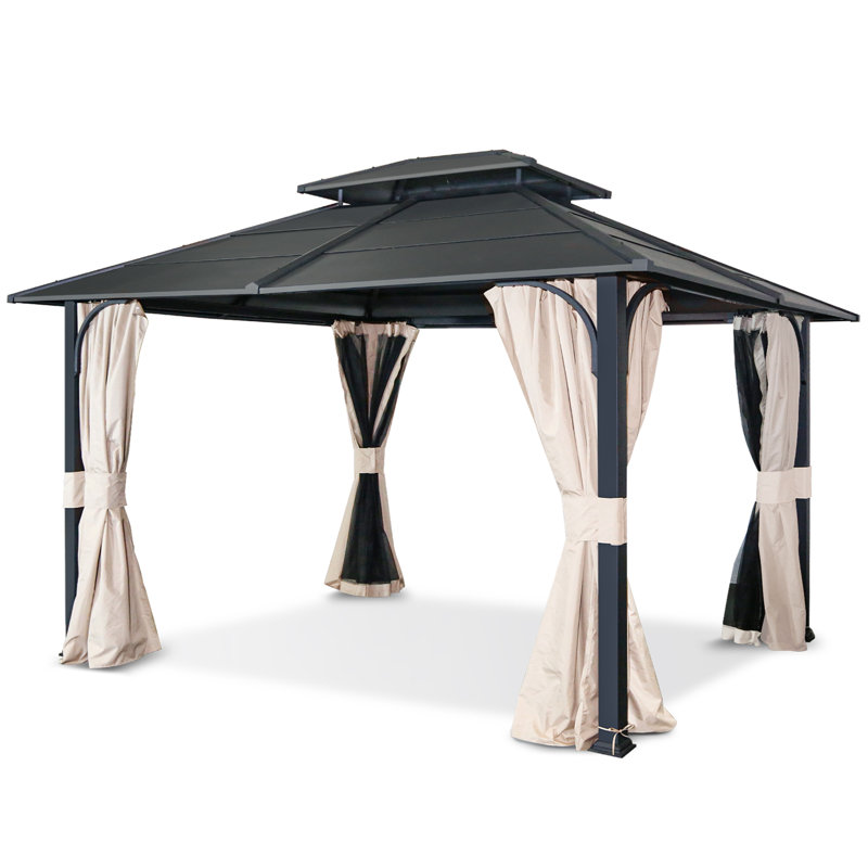 14 pi. L 12 pi. D Pavillon de jardin en métal avec filets à fermeture à glissière sur 4 côtés et rideaux beige clair