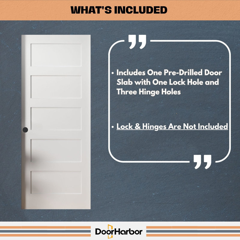 Dalle de porte intérieure seulement (non pré-suspendue), conception à 5 panneaux de style shaker, apprêté blanc, noyau solide, disponible pré-percé (porte à gauche ou à droite) pour portes battantes ou non pré-percé (poignée de porte réversib