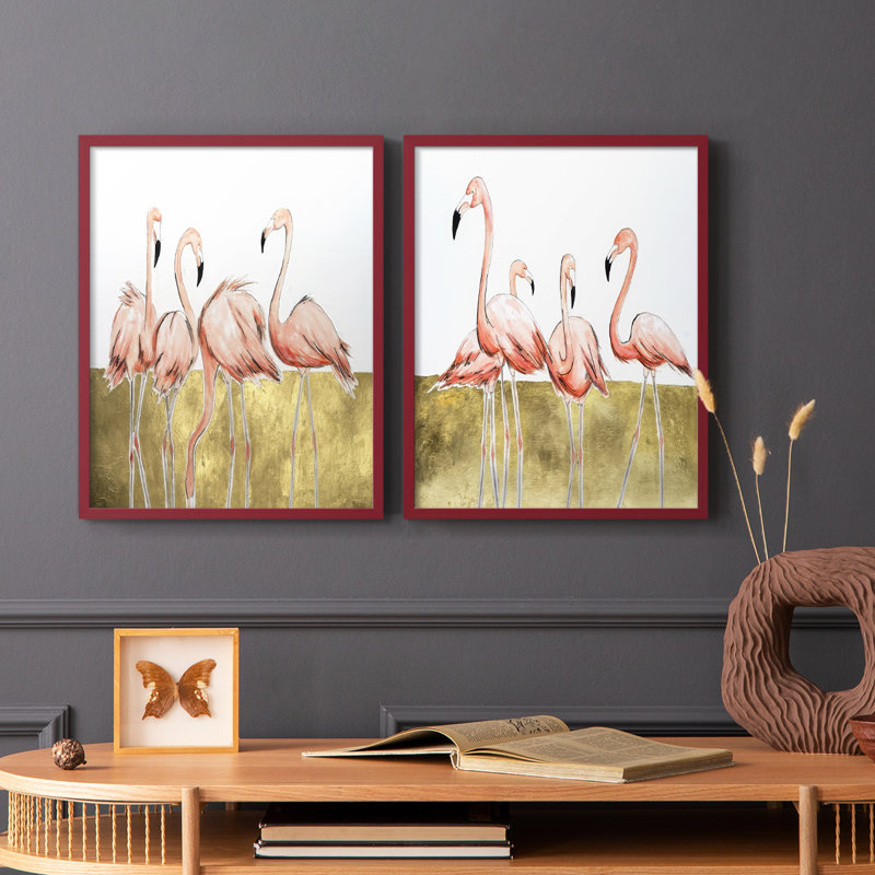 «Flamingo Flock I», reproduction encadrée de qualité supérieure - prête à être accrochée - aucun clou requis - aucun clou requis