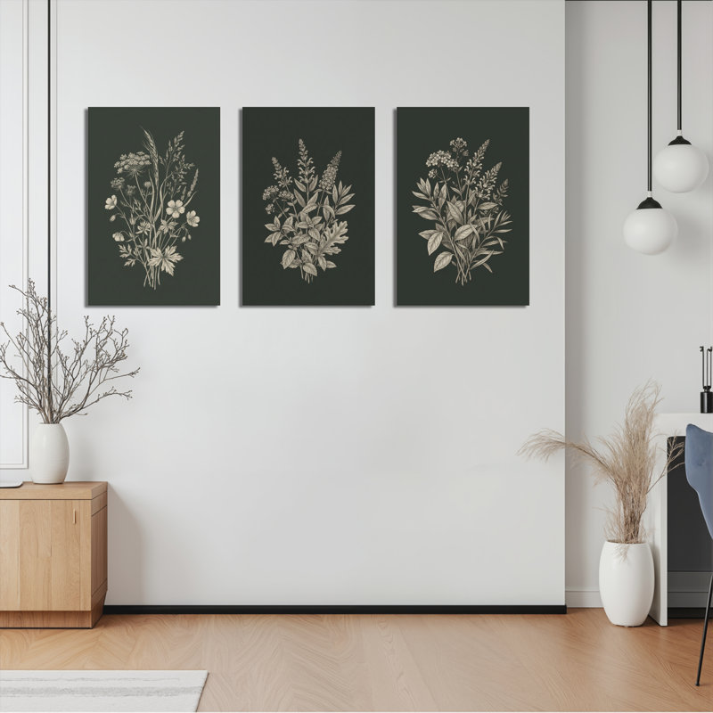 Botanique à motif floral sur toile tendue, ensemble de 3 décorations pour salon, H 18 po x l 36 po