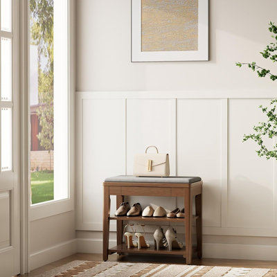 Solid Wood Shoe Storage Bench with Cushion, 2-Tier Shoe Rack & Hidden Drawer, Walnut