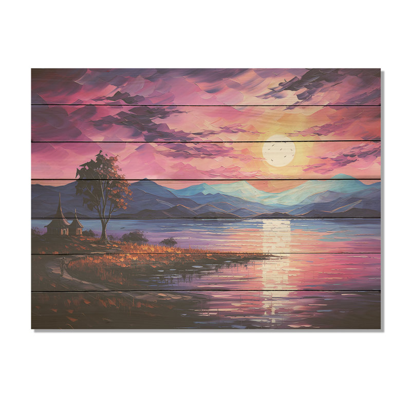 Minimalism Sunset On Purple Lake  - Coastal Minimalism On Wood Print, 30" H x 40" W x 0.78" D