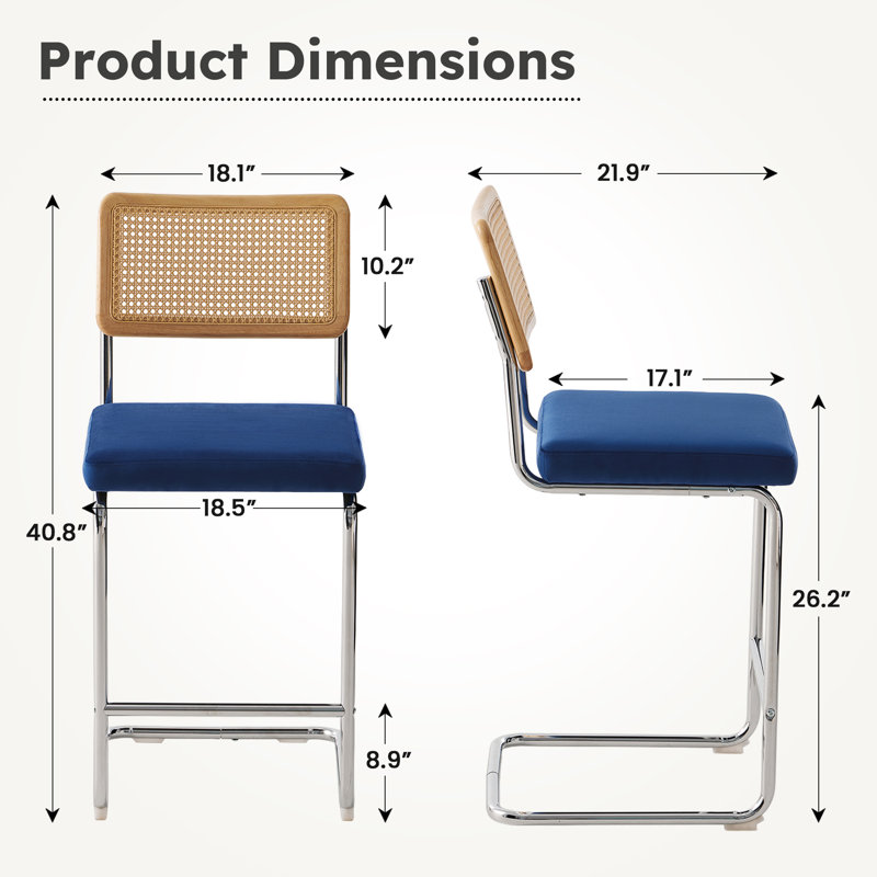 Mid-Century Modern Bar Stool, Set of 2, 26.2" Height Counter Stool, Natural Rattan Back with Thick Padded Seat & Metal Legs - Navy