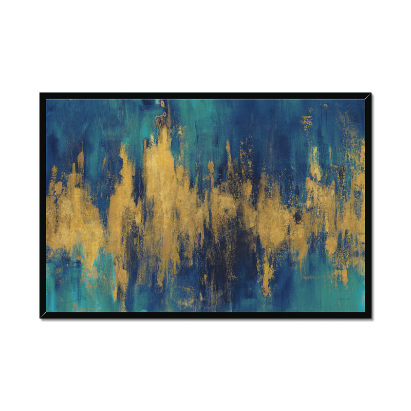 Blue And Gold Abstract Crop by Danhui Nai - Wrapped Canvas Painting, 24cm H x 34cm W x 2.3cm D, Black Framed Paper Print