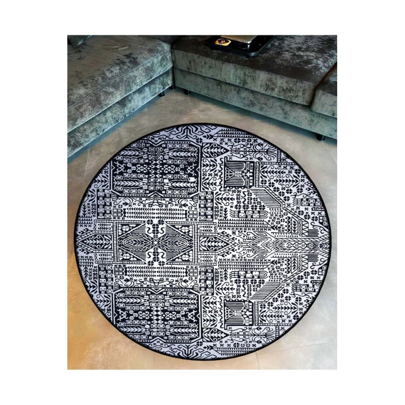Black And White Abstract Shapes Detailed Woven Base Modern Decorative Carpet, Round 5'