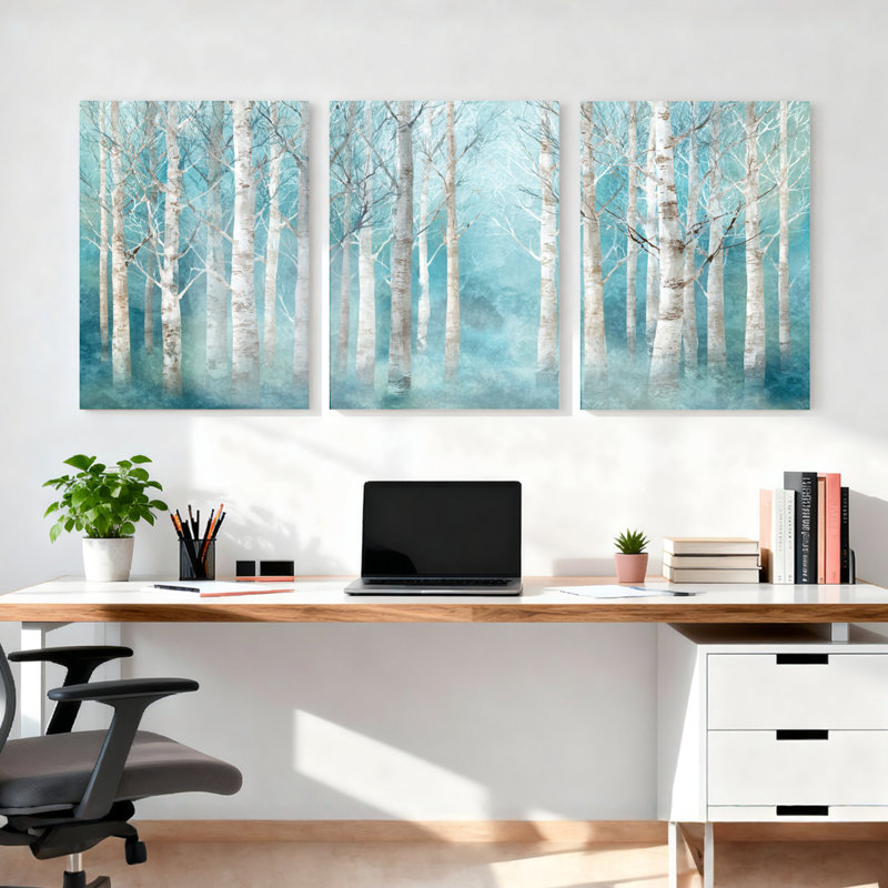 Ensemble de 3 tableaux sur toile tendue représentant une forêt de bouleaux et une brume bleue, H 18 po x l 36 po