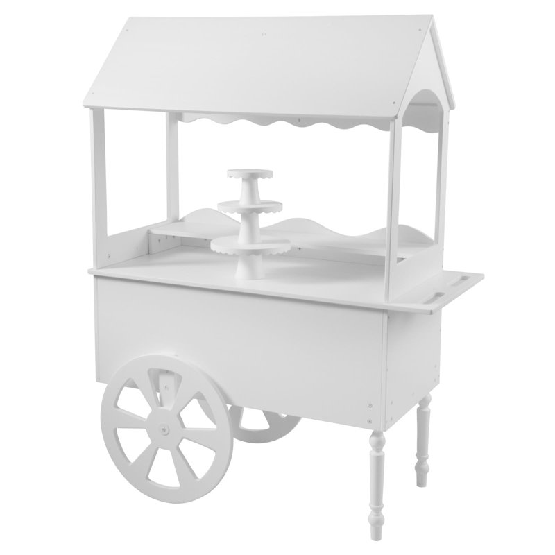 Présentoir à roulettes blanc avec roulettes et présentoir à gâteaux inclus pour les fêtes, les mariages et les célébrations