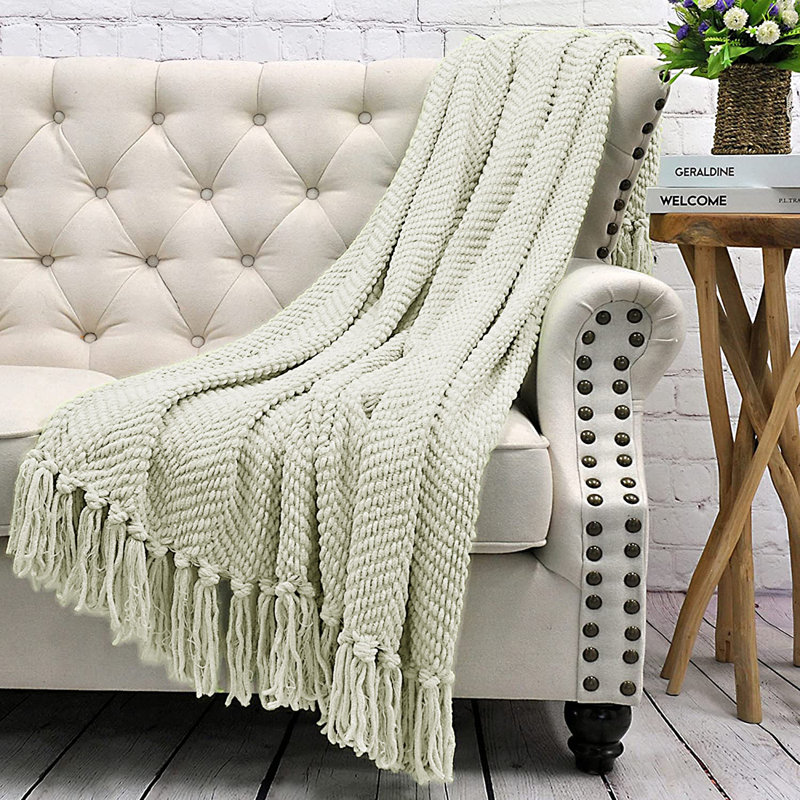 Oatmeal Knitted Lightweight Throw Blanket with Tassels