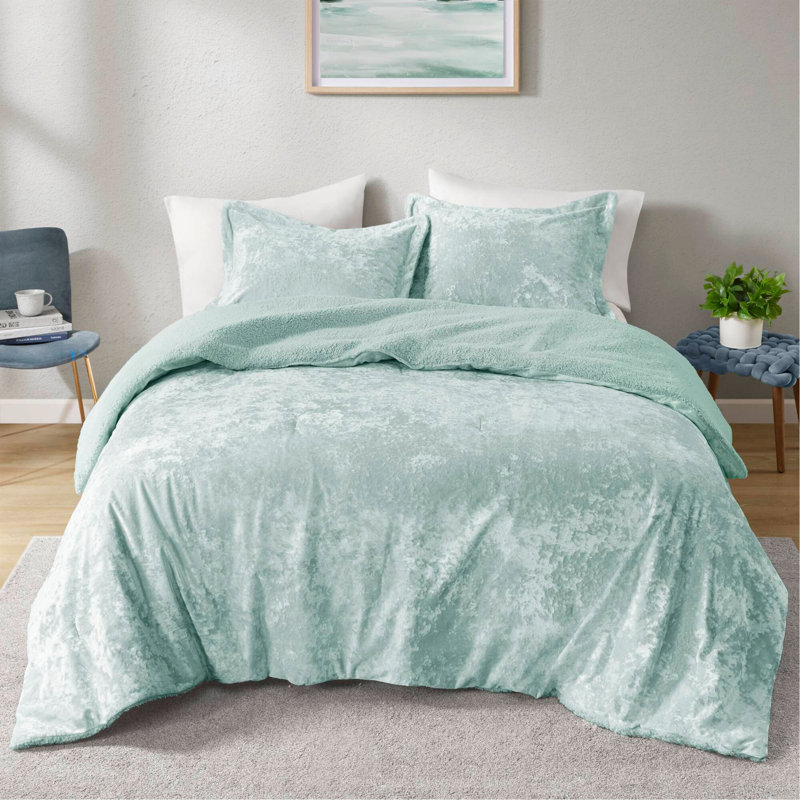 Ensemble d'édredon réversible en sherpa 3 pièces, Turquoise, Édredon très grand + 2 pièces supplémentaires