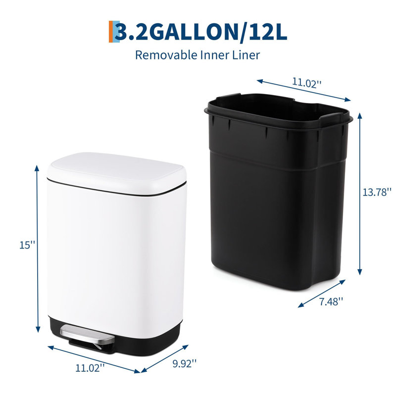 Poubelle de salle de bain avec couvercle, poubelle de cuisine en acier inoxydable de 3,2 gallons / 12 L, pédale à fermeture douce, finition résistante aux traces de doigts pour la cuisine ou la salle de bain