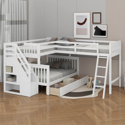 Twin Over Full L-Shaped Bunk Bed With Drawers