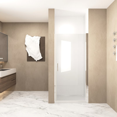 28"X72" Pivot Shower Door With Brushed Nickel Aluminum Half Frame, 1/4" 6Mm  Tempered Glass, - Shock Packaging, Fashionable Stainless Steel Handle For Bathroom Functional