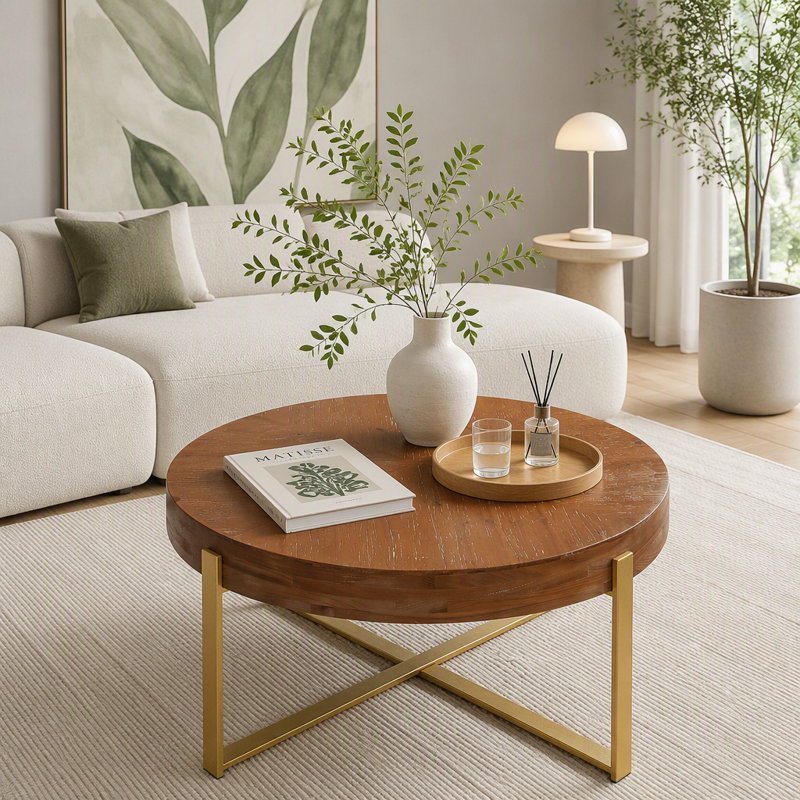 Table basse ronde rétro avec plateau en bois de sapin, H 17,72 po x L 33,86 po x l 33,86 po, Doré