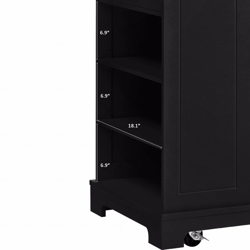 Table pour îlot de cuisine, cannelée avec armoire de rangement pour poubelle, prise de courant, support de rangement interne, roulettes sur 5 roulettes avec 3 tiroirs, 3 tablettes latérales ouvertes