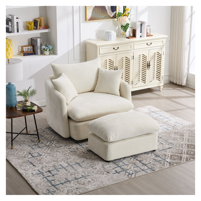 Fauteuil d'appoint surdimensionné en chenille de 46,1 po avec repose-pieds et repose-pieds beige, White