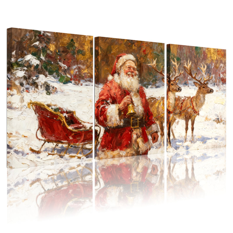 Ensemble de 3 impressions sur toile de Noël, père Noël avec renne et traîneau, H 18 po x l 36 po