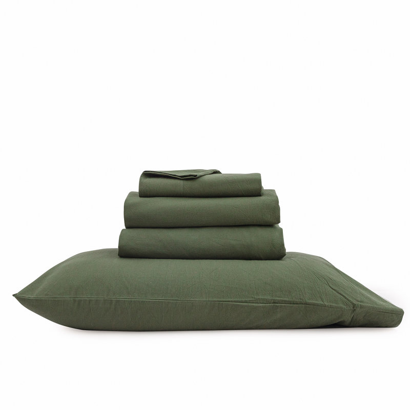 BESTOUCH Sheet Set 100% Washed Cotton Linen Feel Lightweight, Twin Sheet Set with 1 Pillowcase, Olive Green