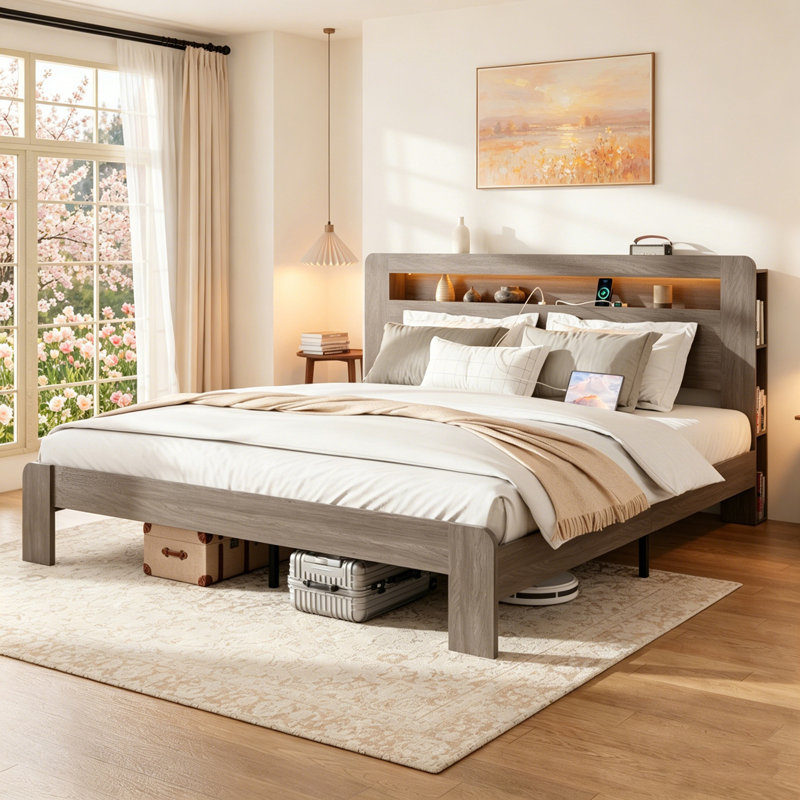 Structure de lit plateforme en bois pour grand lit avec rangement, tête de lit à DEL, ports USB, conception silencieuse et assemblage facile pour un confort et une commodité optimaux