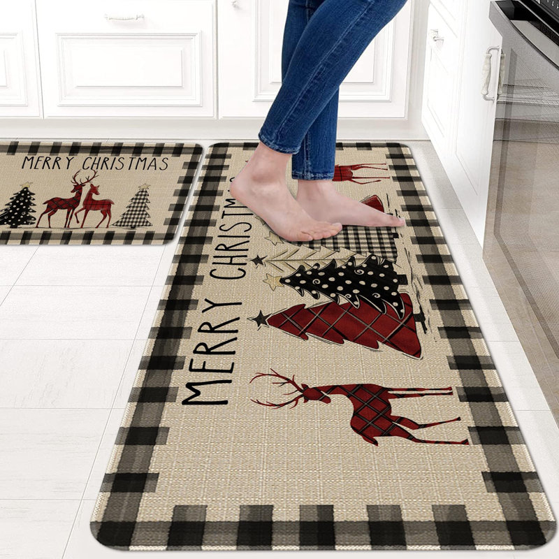 Christmas Beige and Black Linen Non-slip Kitchen Rug Set