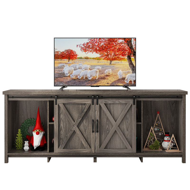 70" Farmhouse Sliding Barn Door TV Stand for TVs Up to 80" TVs, Entertainment Center Console Table with Adjustable Shevles
