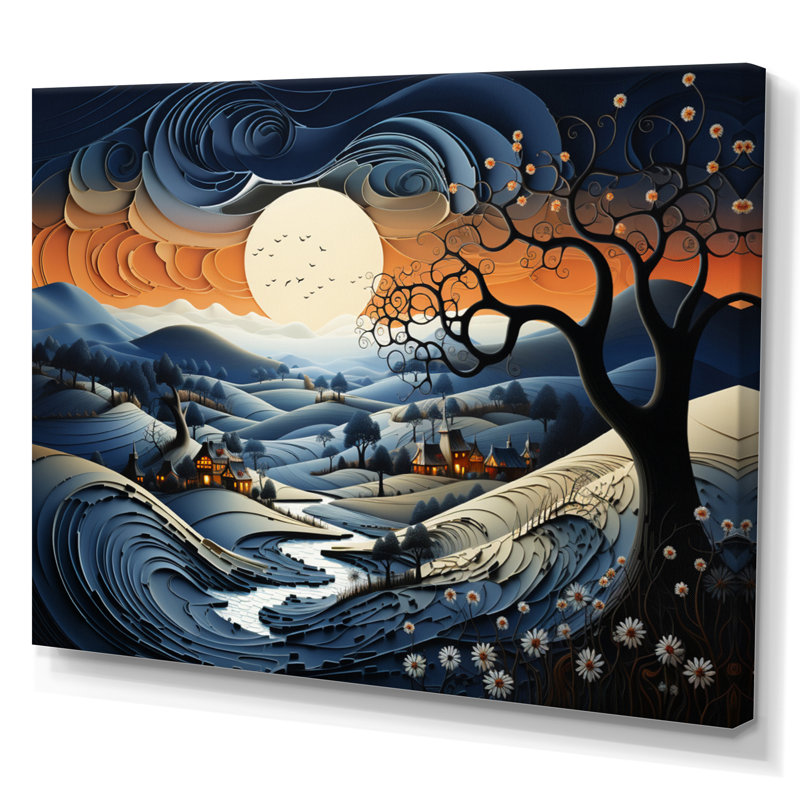" Countryside Twilight Blues Landscape III ", Wrapped Canvas, 34" H x 44" W