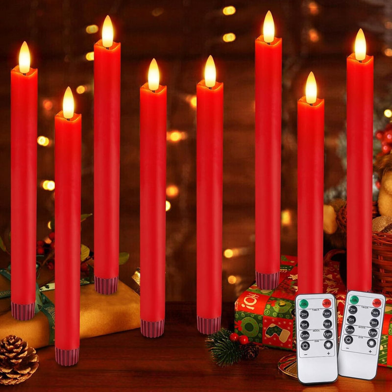8 Pack Red Flameless Taper Candles: 9.6" Battery-Operated with Remote, Real Wax LED, 3D Wick, Flickering Light