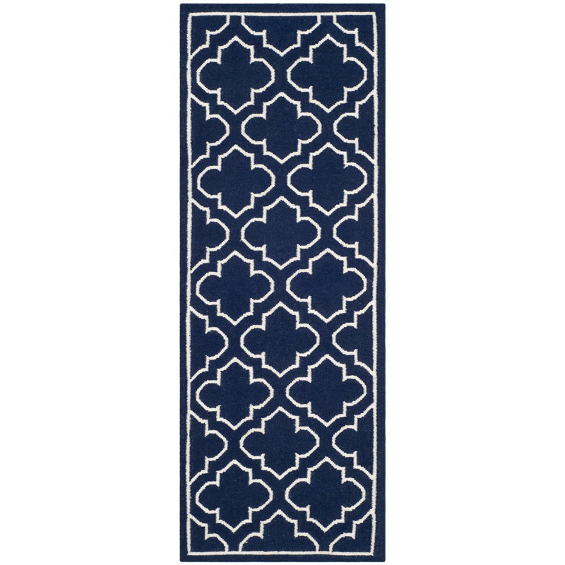 Rodgers Hand Woven Flat Weave Banana Silk/Wool/Cotton Geometric Rug in Ivory/Navy, Runner 2'6" x 7'