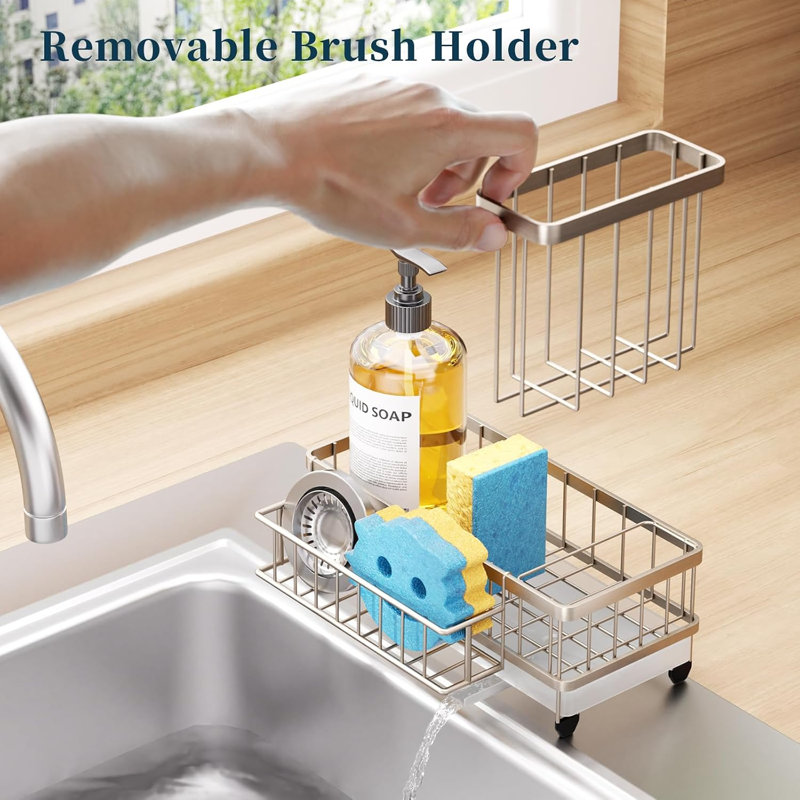 Sponge Holder- Auto Draining Sink Caddy Organizer with Detachable Rack, High Brush Holder, Kitchen Countertop Storage Accessories, Sand Nickel