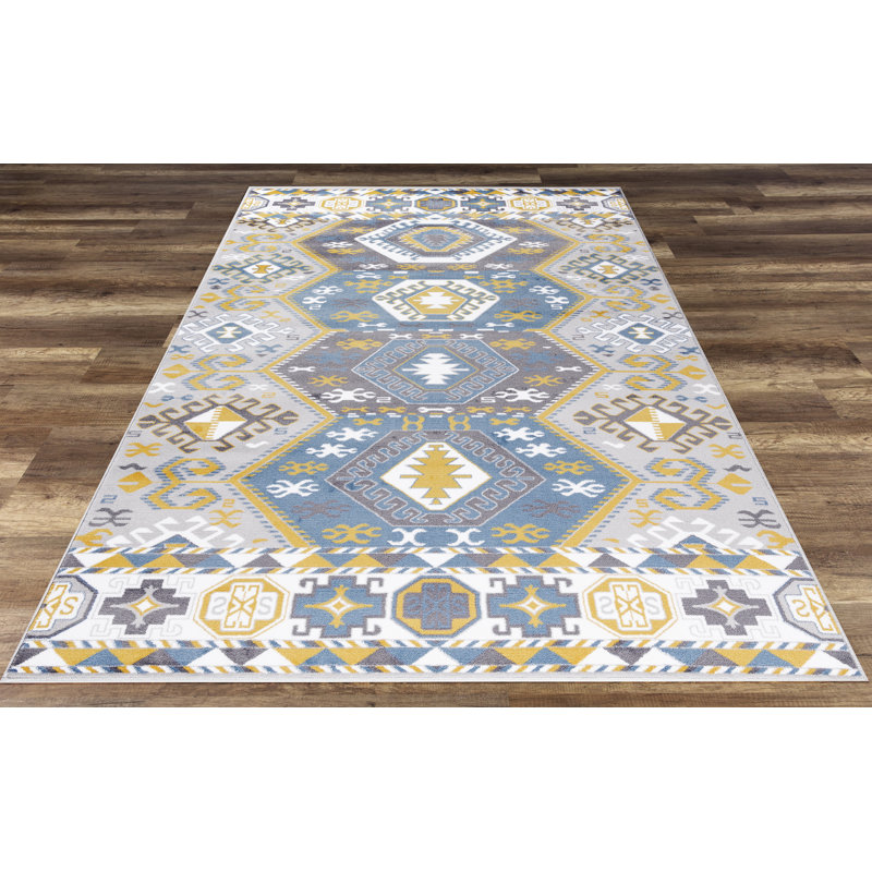 Tapis bleu / jaune Majeic, Rectangle 2 pi 2 po x 3 pi