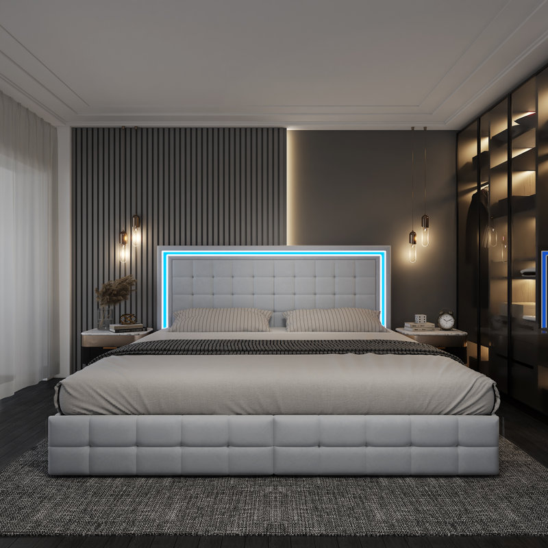 Led Bed Frame With 4 Storage Drawers, Smart Control RGB LED Lights On  Headboard,With Remote Control, Upholstered Adjustable Headbaord