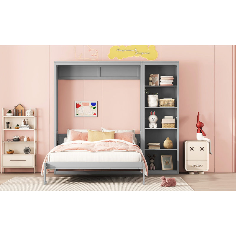 Lit double gris avec tablette de rangement - Armoire pliable compacte pour les maisons et les salles de sport, Gris