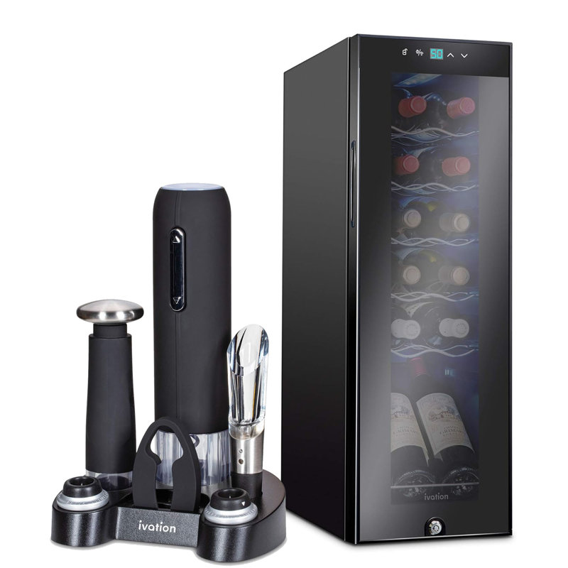 Ivation 9.9'' 12 Bottle Single Zone Freestanding Wine Refrigerator with 5-piece wine gift set