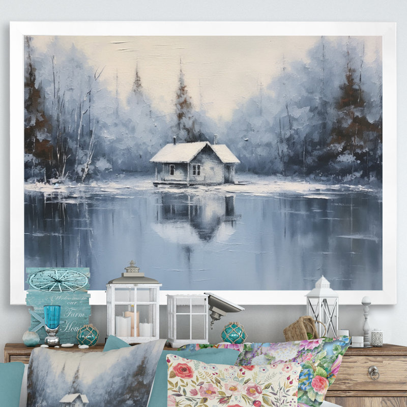 Cozy Snow Cabin III sur toile, Cadre simple blanc, H 16 po x l 32 po x P 1 po