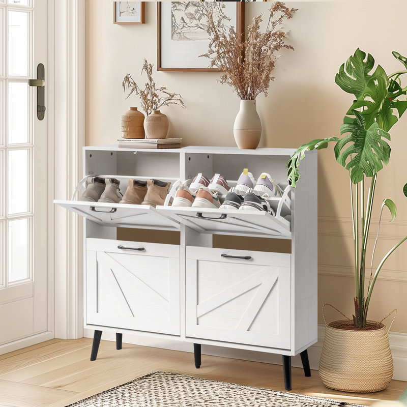 Barn Door 4 Flip Black Handles Glued Particleboard Embossed Natural Legs Shoe Cabinet 41.7In, White