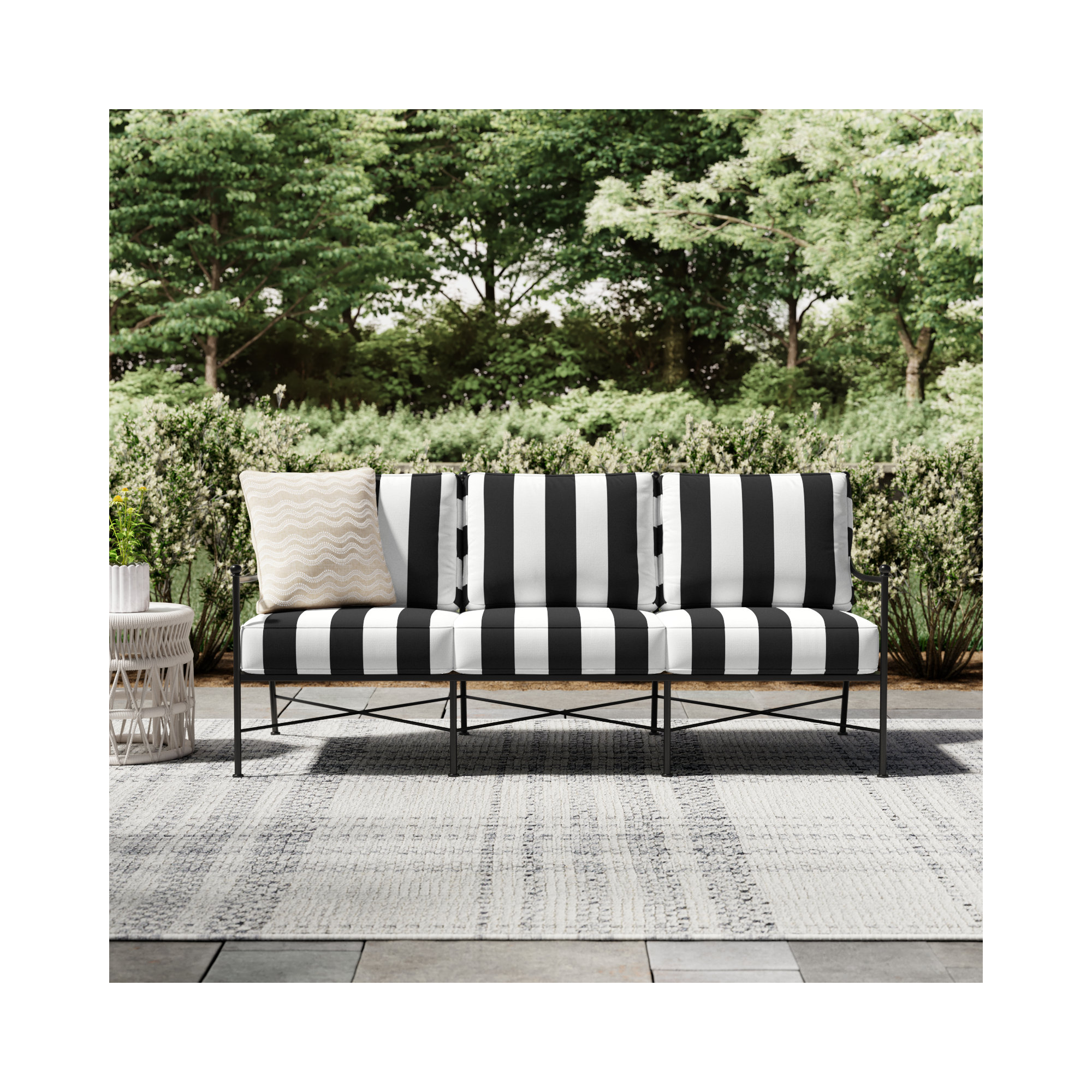Lucier 76" Wide Outdoor Patio Sofa with Sunbrella® Cushions, Cabana Classic Striped Sunbrella®
