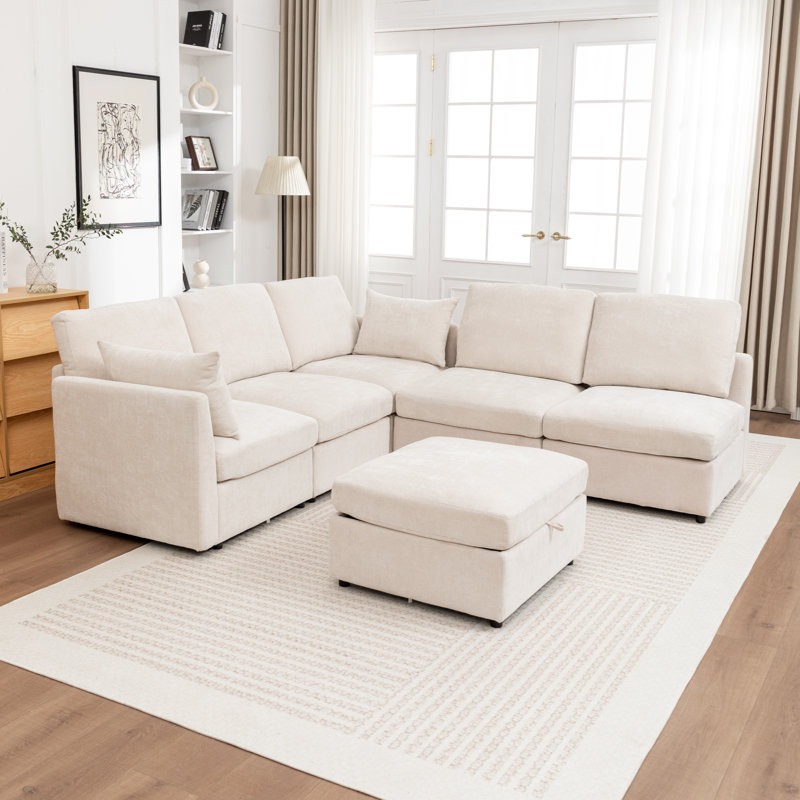 Wilroy 6-Piece Modular Corner Sectional With Storage Ottoman, Beige
