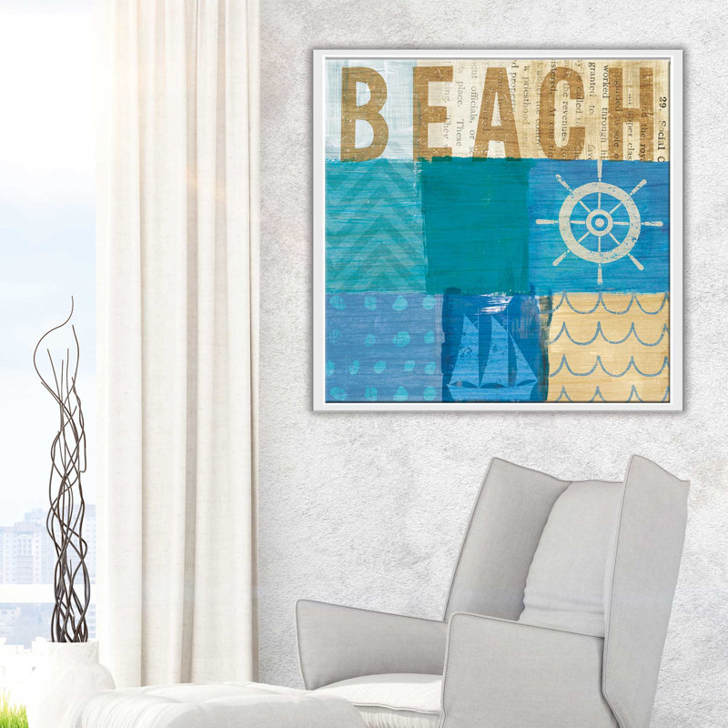 «Beachscape Collage IV», art textuel, H 31,5 po x l 31,5 po x P 2 po, Cadre flottant blanc