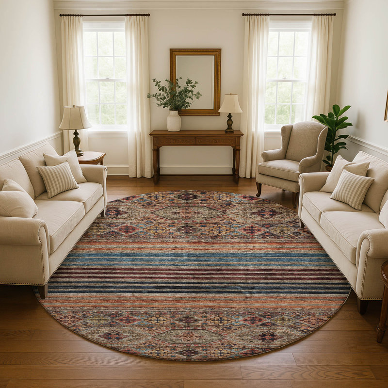 Premium Machine Washable Brennon AMF1641 Stripes Rug, Round 8'