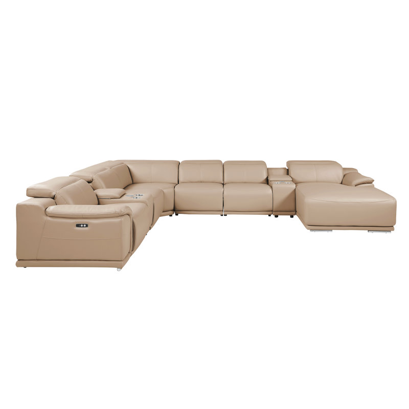 Canapé modulaire beige en cuir véritable 8 pièces faisant face à droite avec 2 fauteuils inclinables électriques et appuis-tête réglables