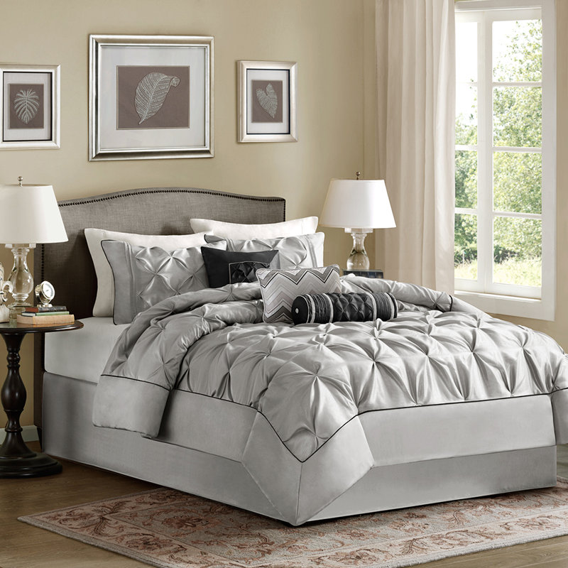 Laurel 7 Piece Tufted Comforter Set, Queen Comforter + 1 Bed Skirt + 2 Shams + 3 Decora, Gray