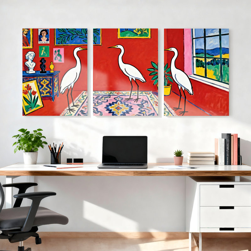 Ensemble de 3 tableaux sur toile tendue « Hérons blancs dans une chambre rouge »., H 24 po x l 48 po