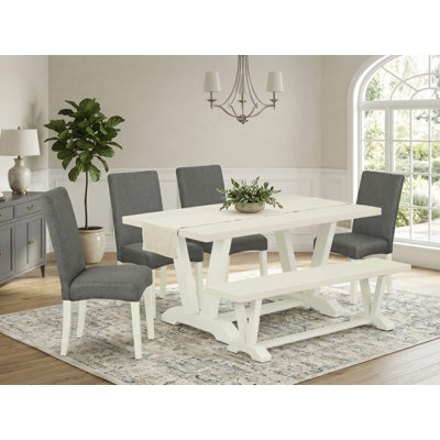 6 Piece Dining Table Set Contains a Rectangle Dining Room Table with V-Legs and 4 Gray Linen Fabric Upholstered Chairs with a Bench, Wire Brushed Linen White 